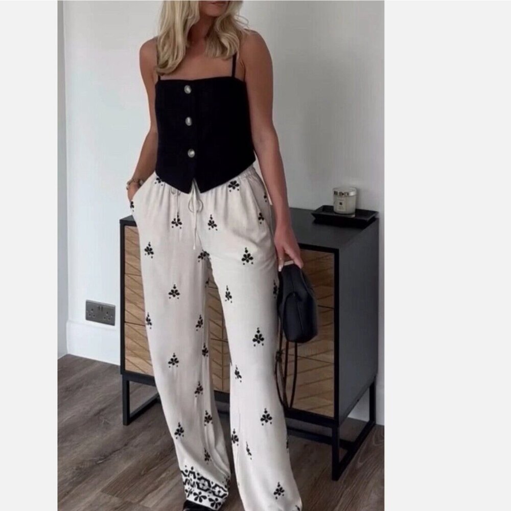 Zara Women Linen blend Embroidered Wide Leg Pants White Black L NWT